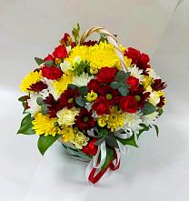 Цветочная композиция из Хризантемы и Розы в корзине в Коноково